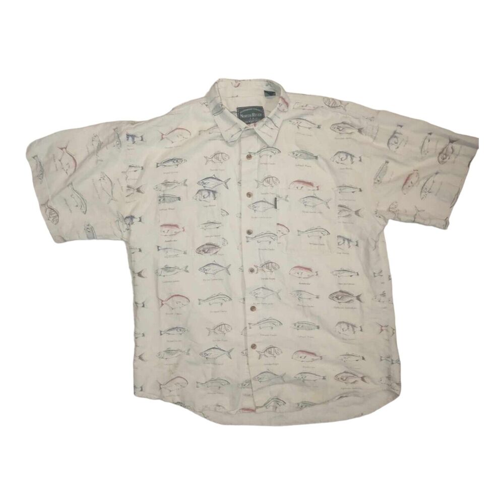 North River Mens Button-Up Shirt Cream Beige Fishing Fish Bass Short Sleeve XL